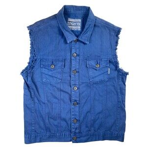 Ring of Fire Trucker Vest Mens XL Blue Denim Cotton Distressed Raw Edges Pockets